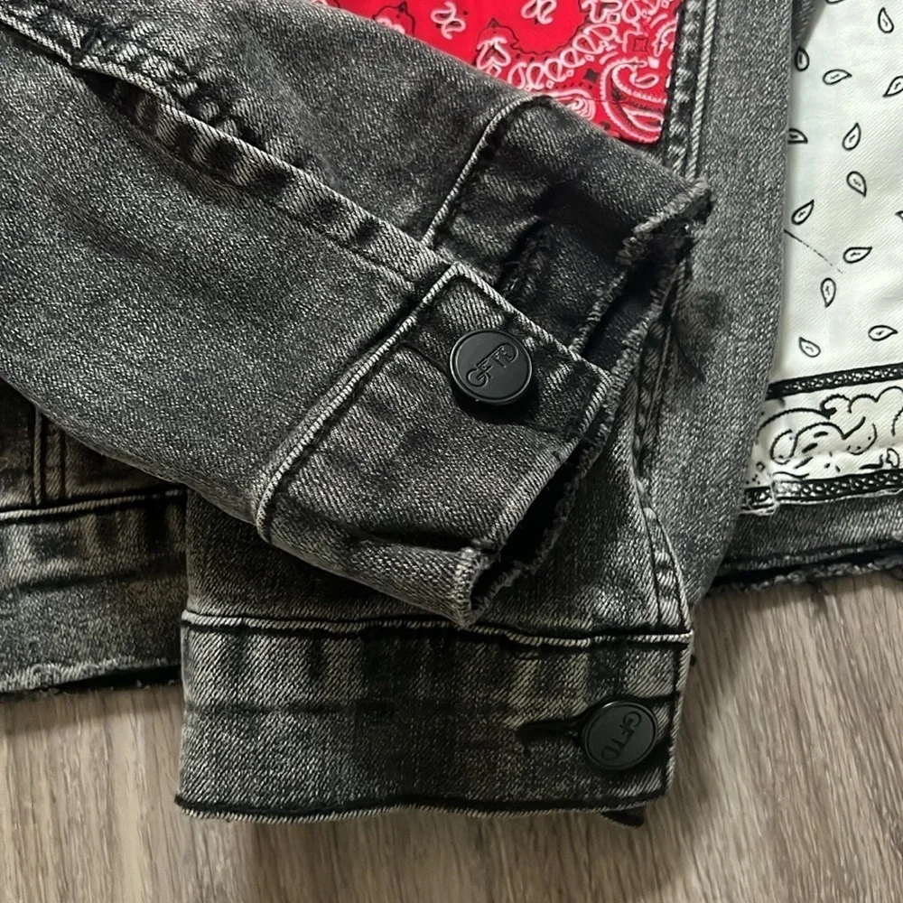 Giftd Tour Black and Red Jean Jacket Bandana Handmade Distressed Denim Large